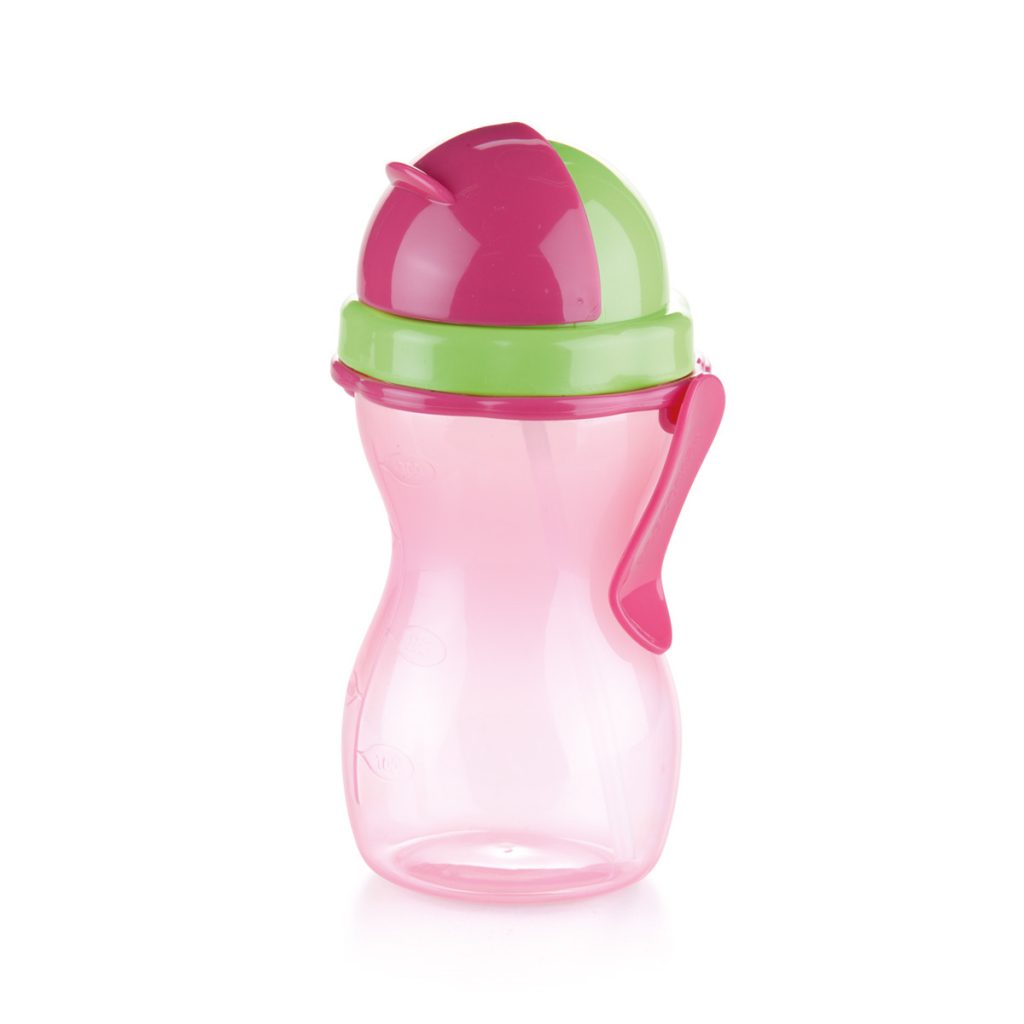Baby bottle with drinking straw BAMBINI 300 ml, green, pink